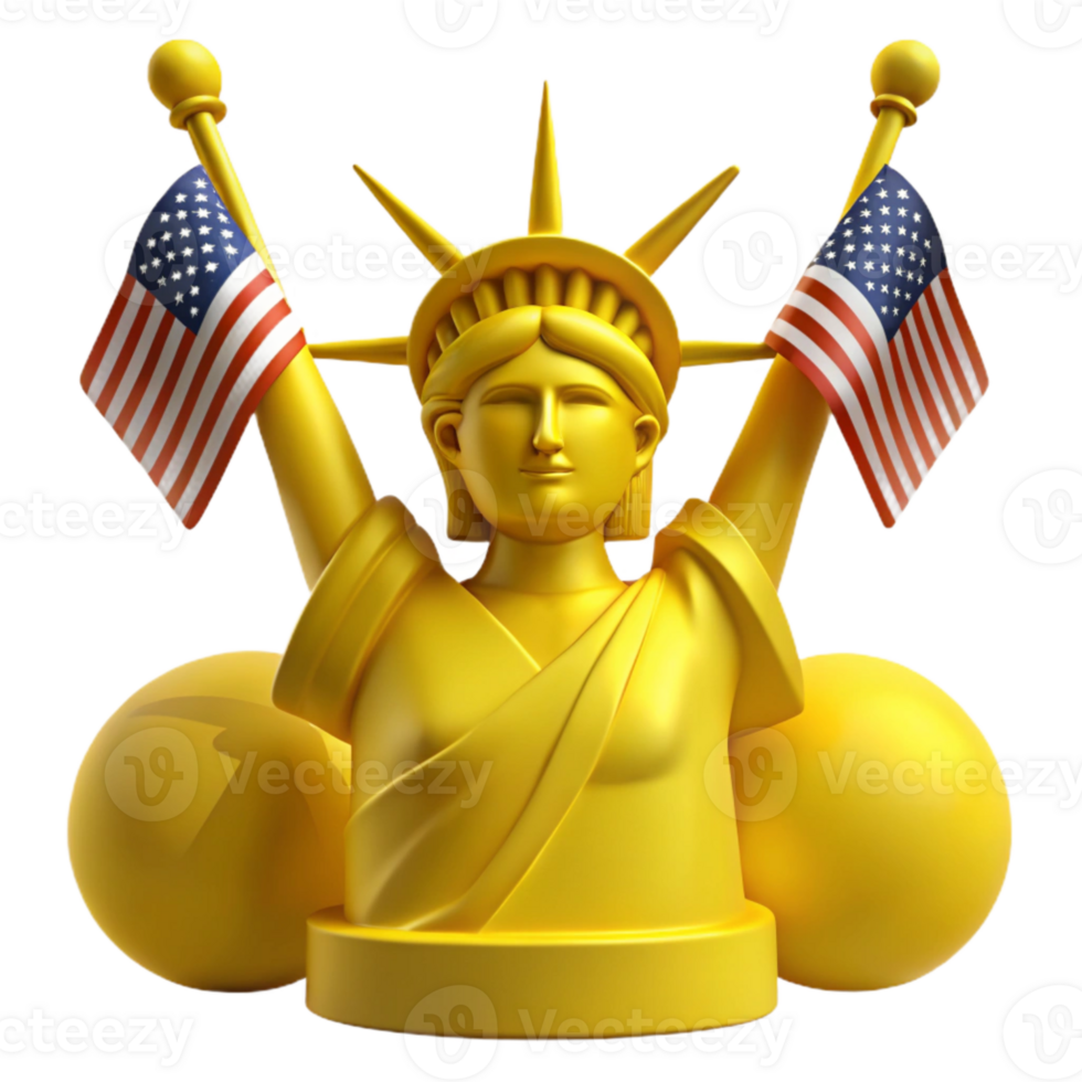 Golden Statue of Liberty Holding American Flags png