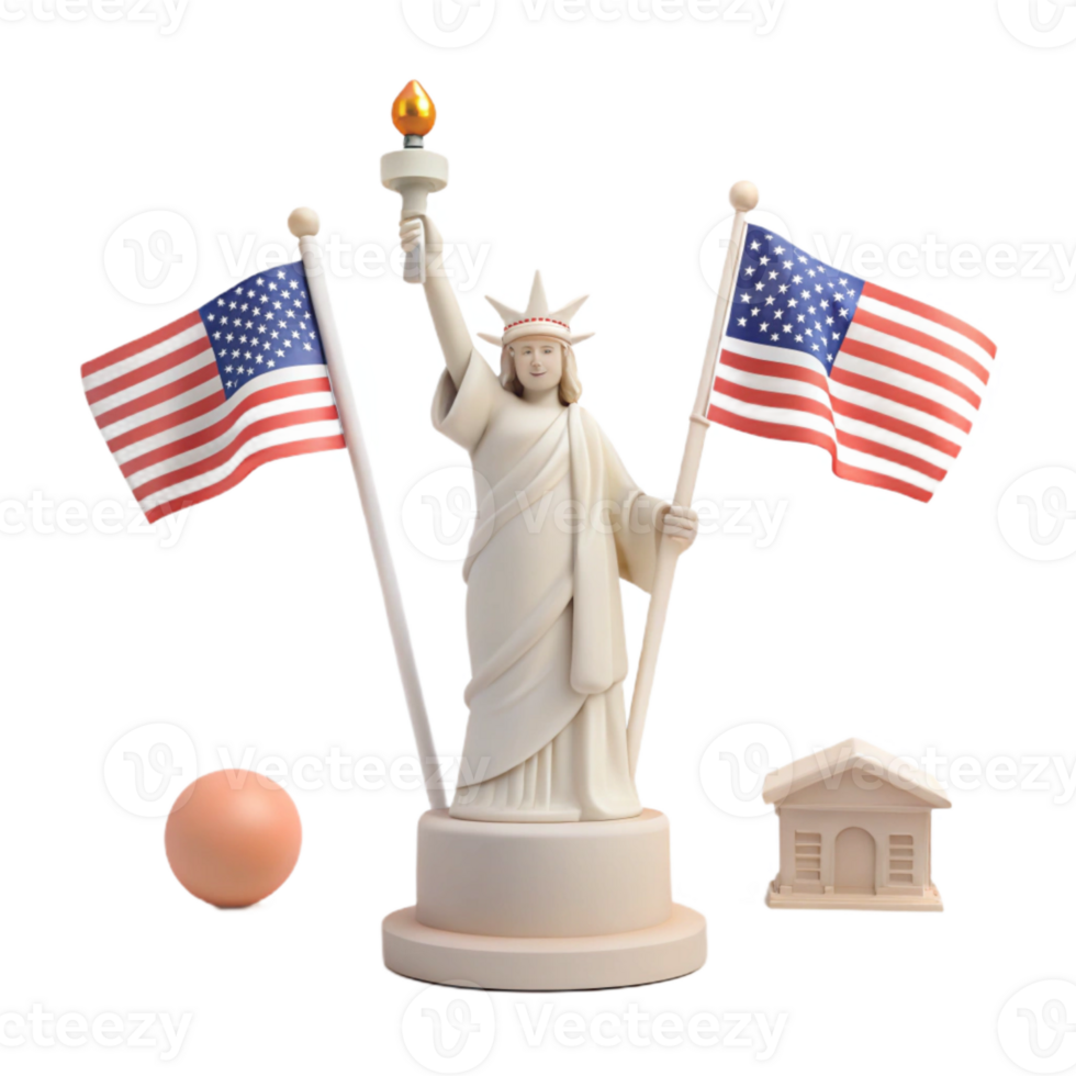 Statue of Liberty with American Flags and a Small Building png