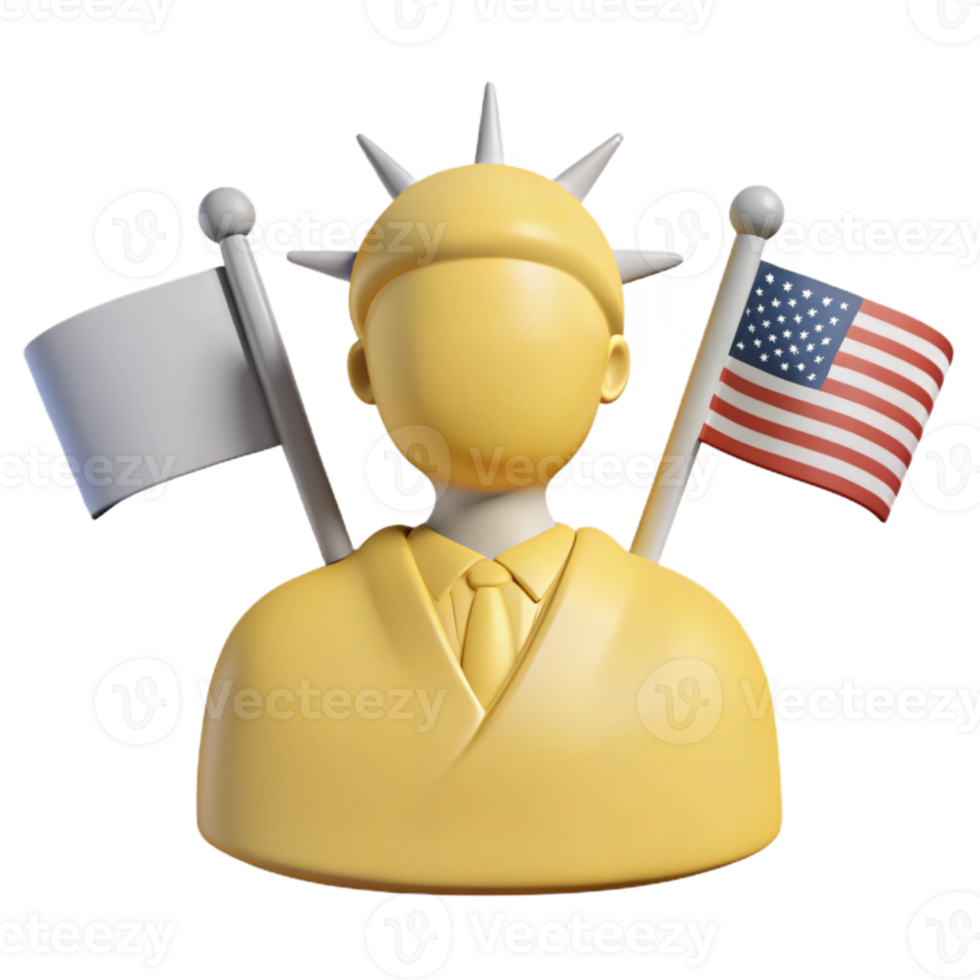 3D Illustration of a Person with a Statue of Liberty Crown, Holding Flags png