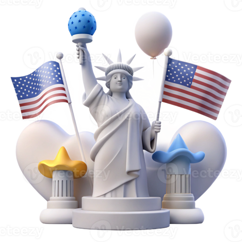Statue of Liberty 3D Render with Flags and Balloons png