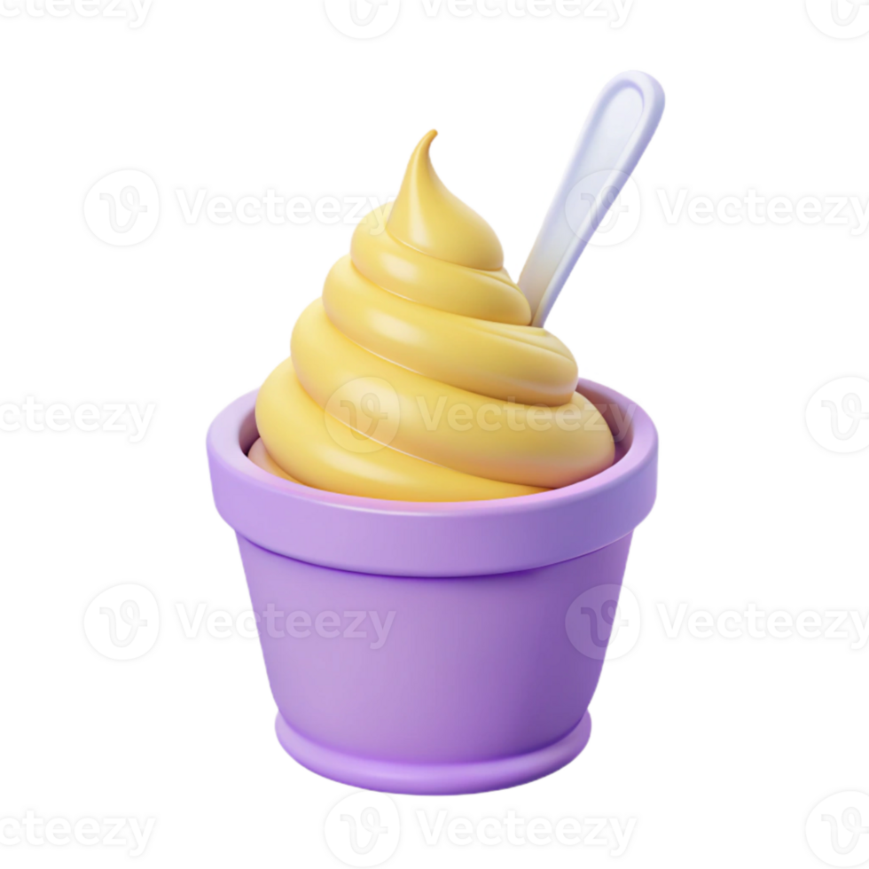 3D Render of Yellow Soft Serve Ice Cream in Purple Cup with Spoon png