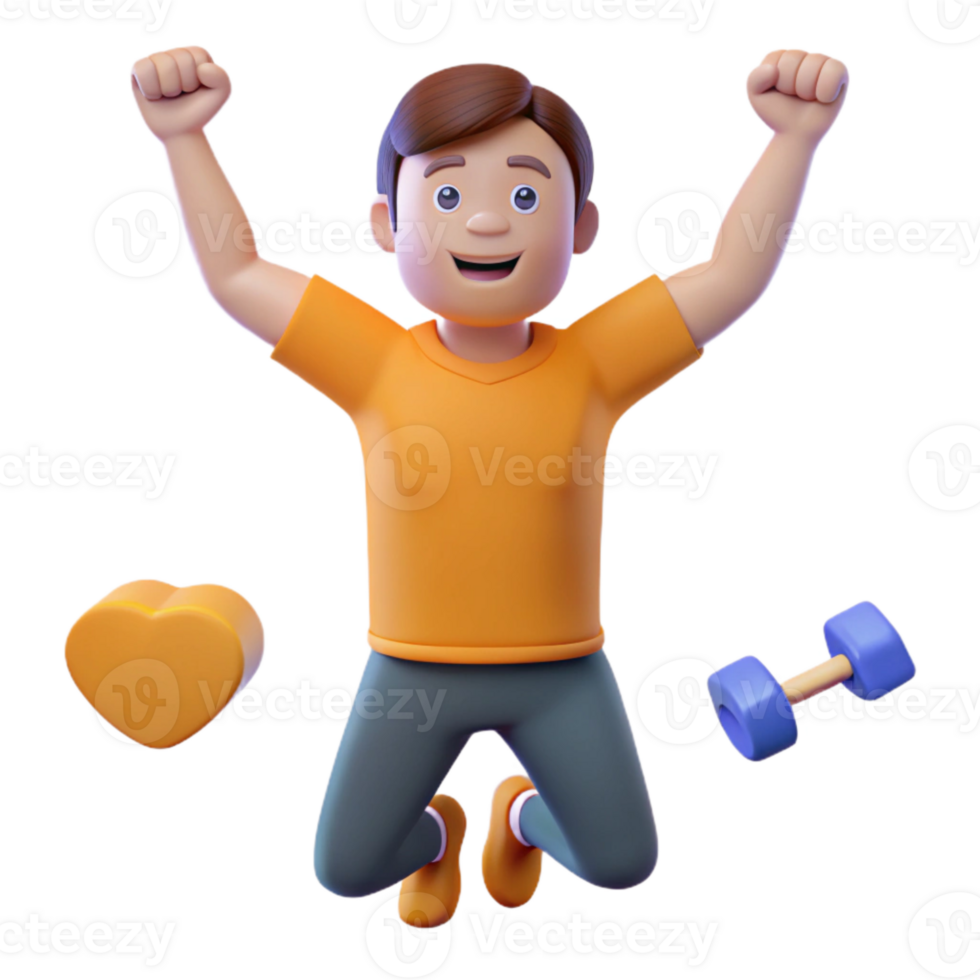 Happy and Healthy 3D Character Jumping with Heart and Dumbbell png