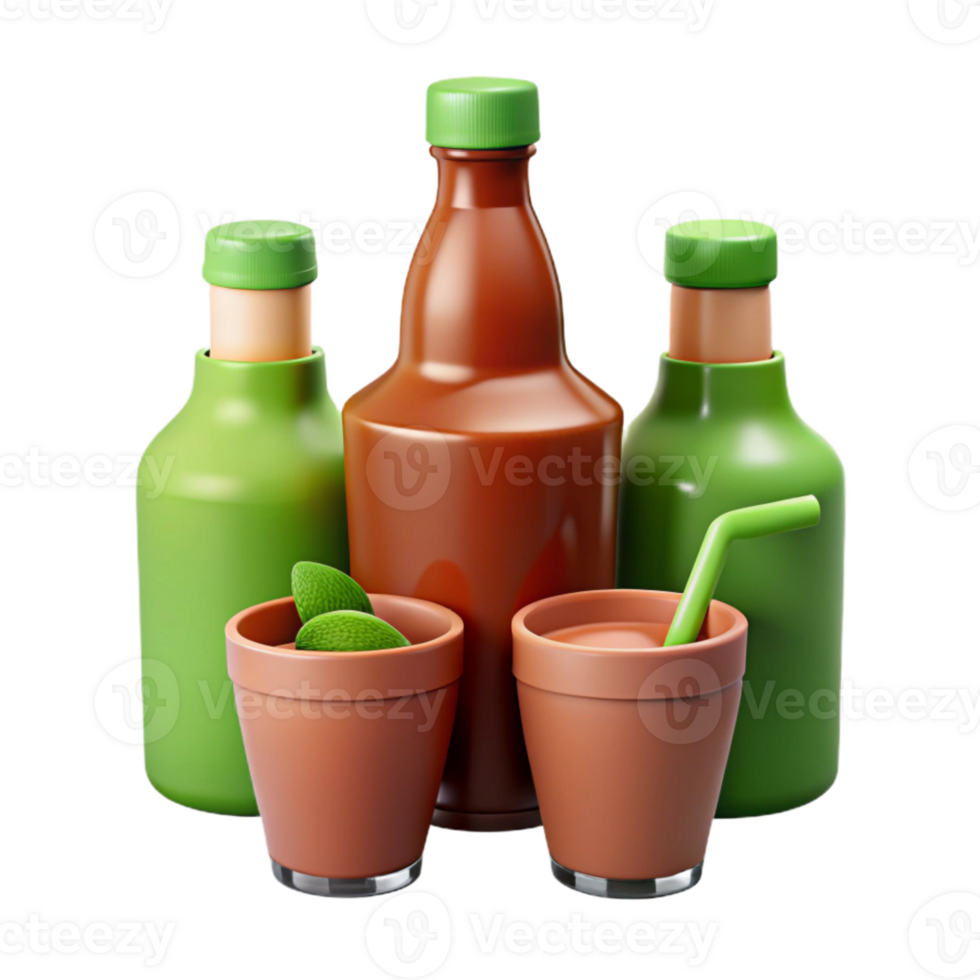 Clay Pots with Refreshing Drinks and Green Bottles png