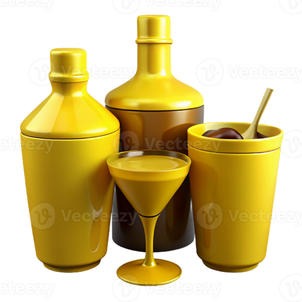 Yellow Glassware Set with Martini Glass, Decanter, and Shaker png