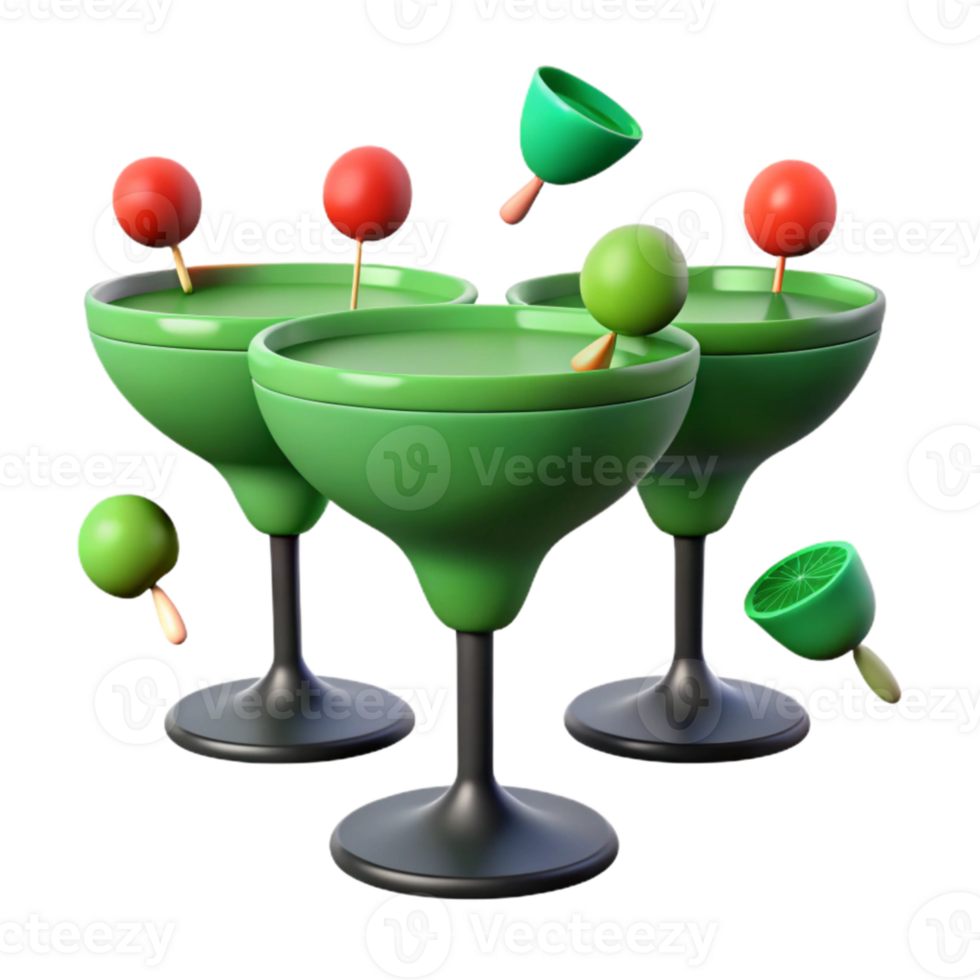 Three Green Cocktails with Lime and Cherry Garnish png