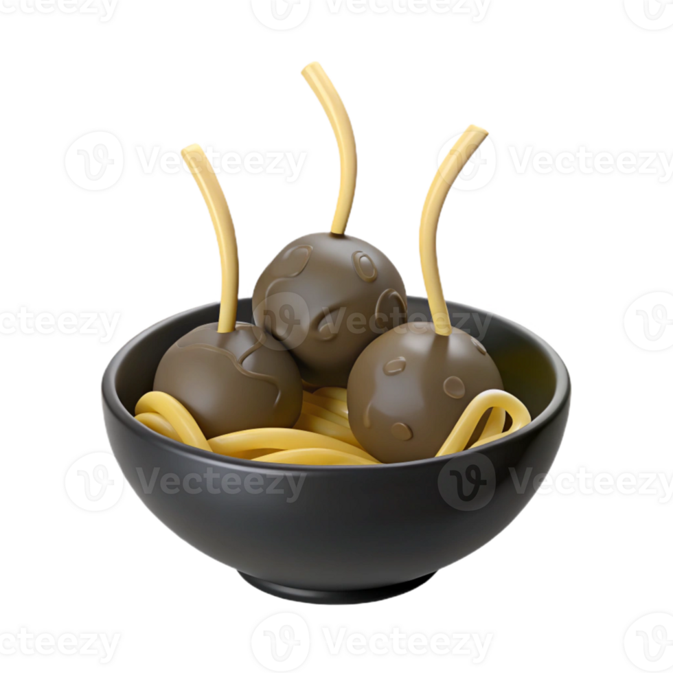 3D Render of a Bowl of Noodles with Meatballs png