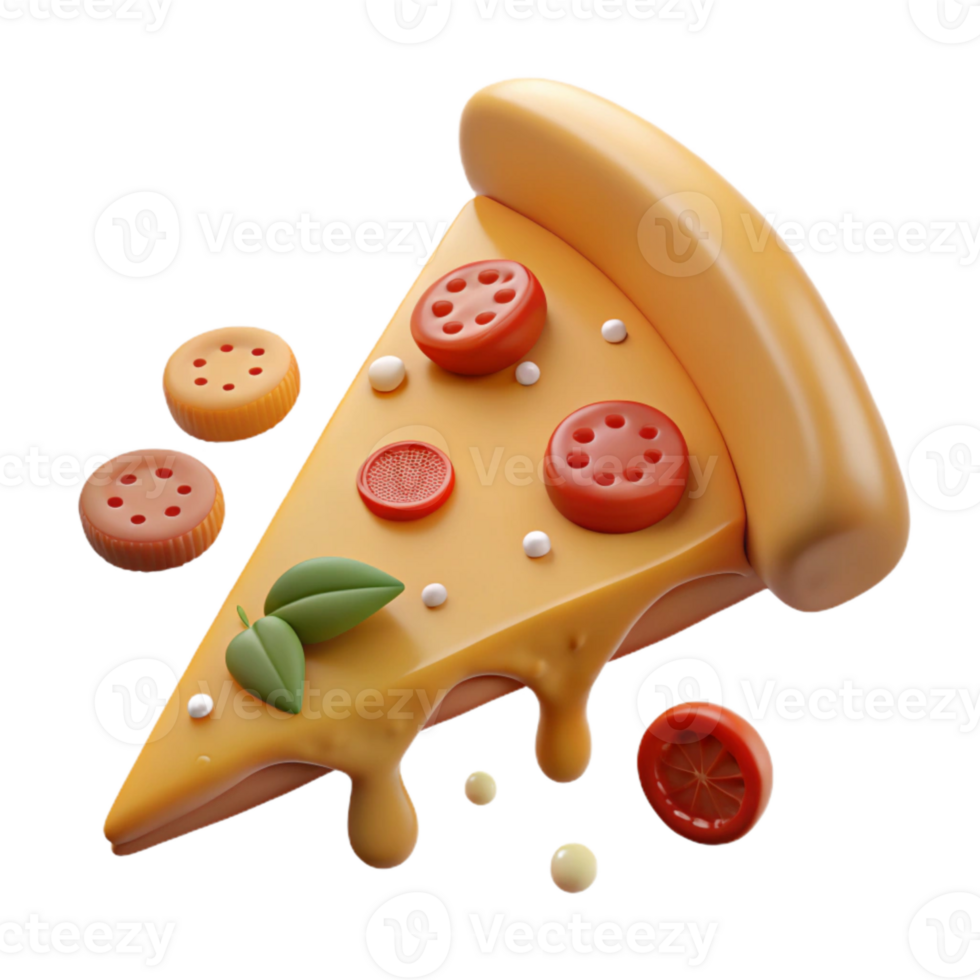 3D Rendered Pizza Slice with Dripping Cheese and Toppings png