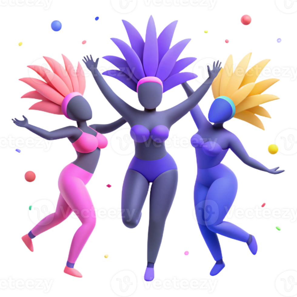 Colorful 3D Characters Celebrate with Feathers and Confetti png