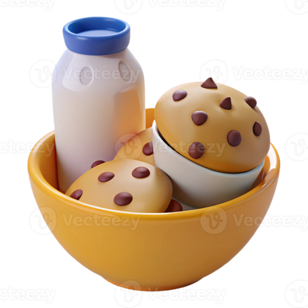 3D Render of a Bowl of Cookies and Milk png