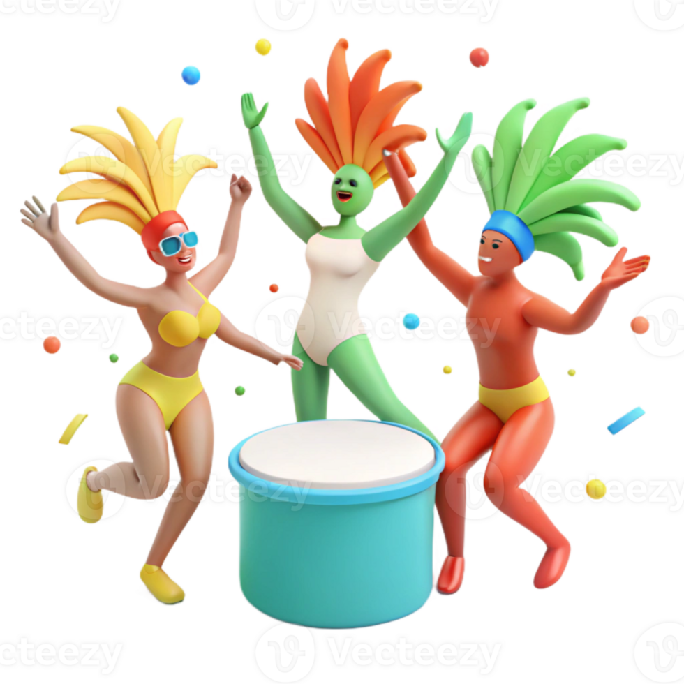 3D Cartoon Characters Celebrate with Confetti and a Drum png
