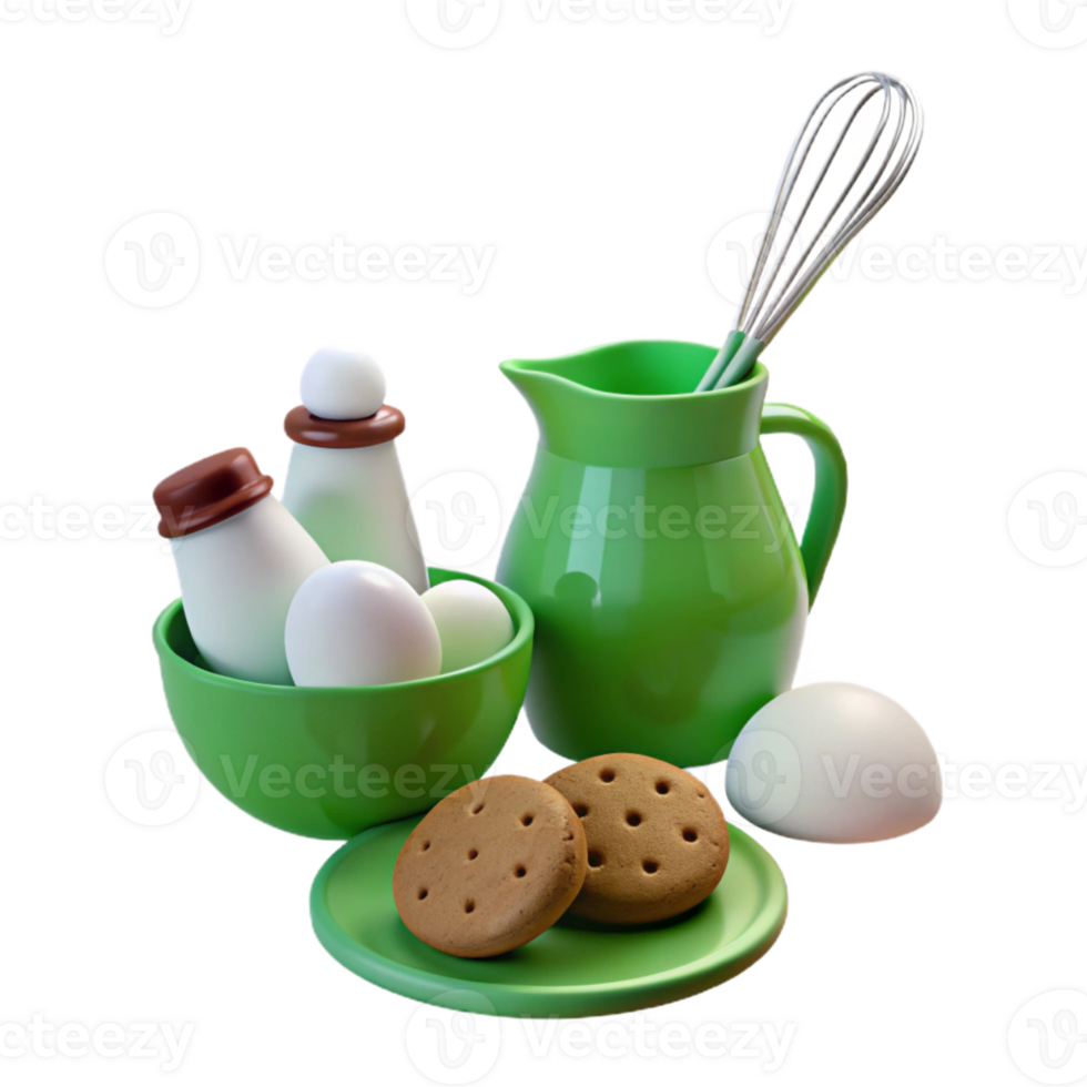 Green Kitchen Still Life with Milk, Eggs, Cookies, and Whisk png