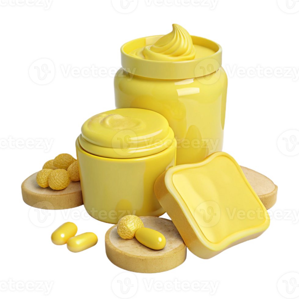 Yellow Cream Jar, Containers, and Pills on a Wooden Base png