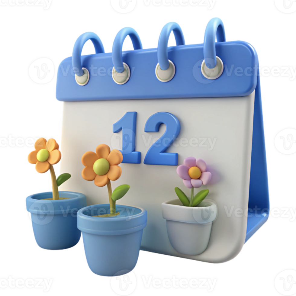 3D Calendar with Flowers and Pots png