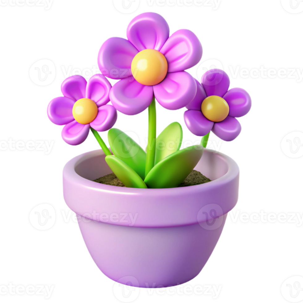 3D Cartoon Flower Pot with Purple Flowers png