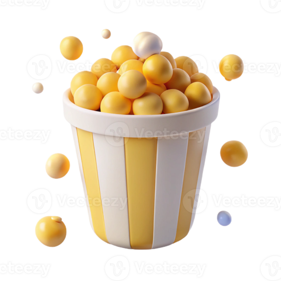 Yellow and White Striped Popcorn Bucket with Floating Kernels png