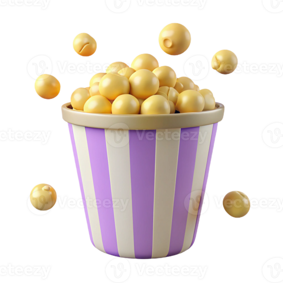 3D Render of a Purple and White Striped Popcorn Bucket with Popcorn Flying Out png
