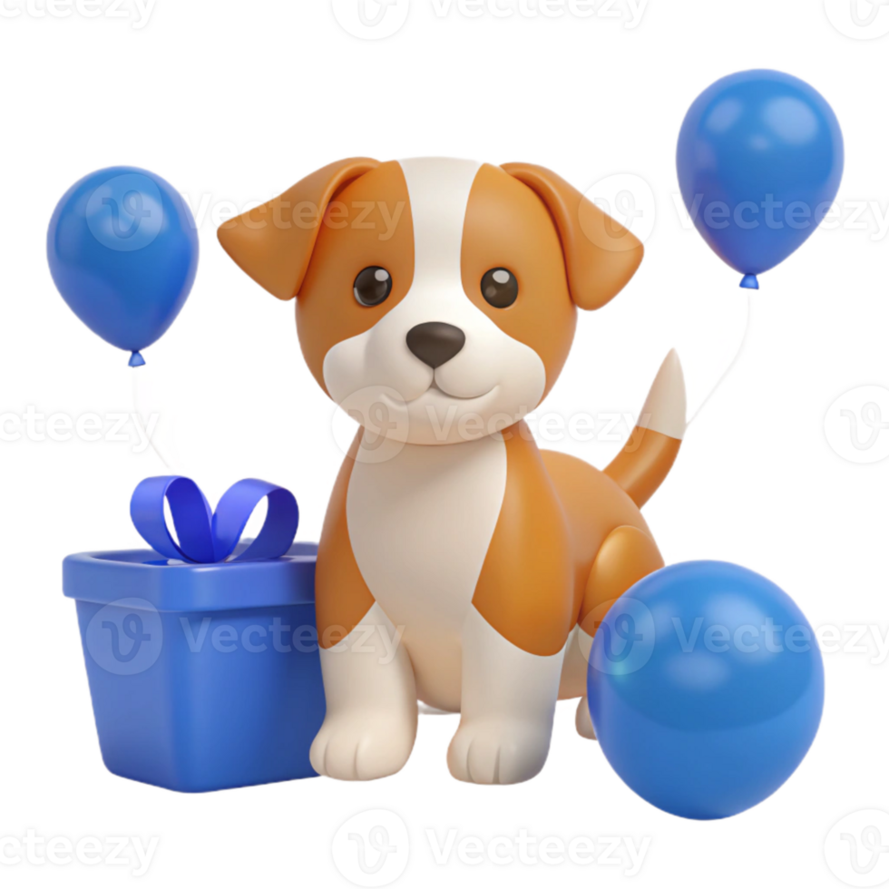 Cute Puppy with Balloons and a Present png
