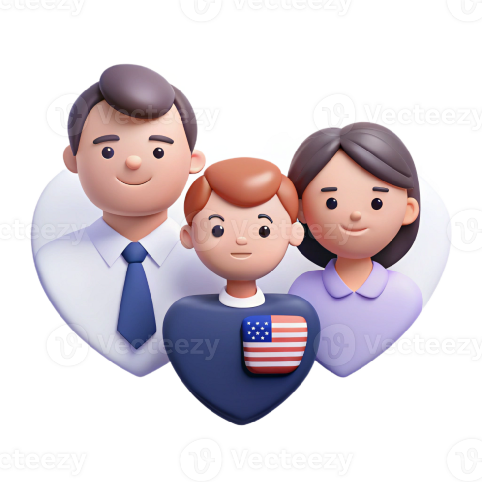 3D Cartoon Family Illustration with American Flag png
