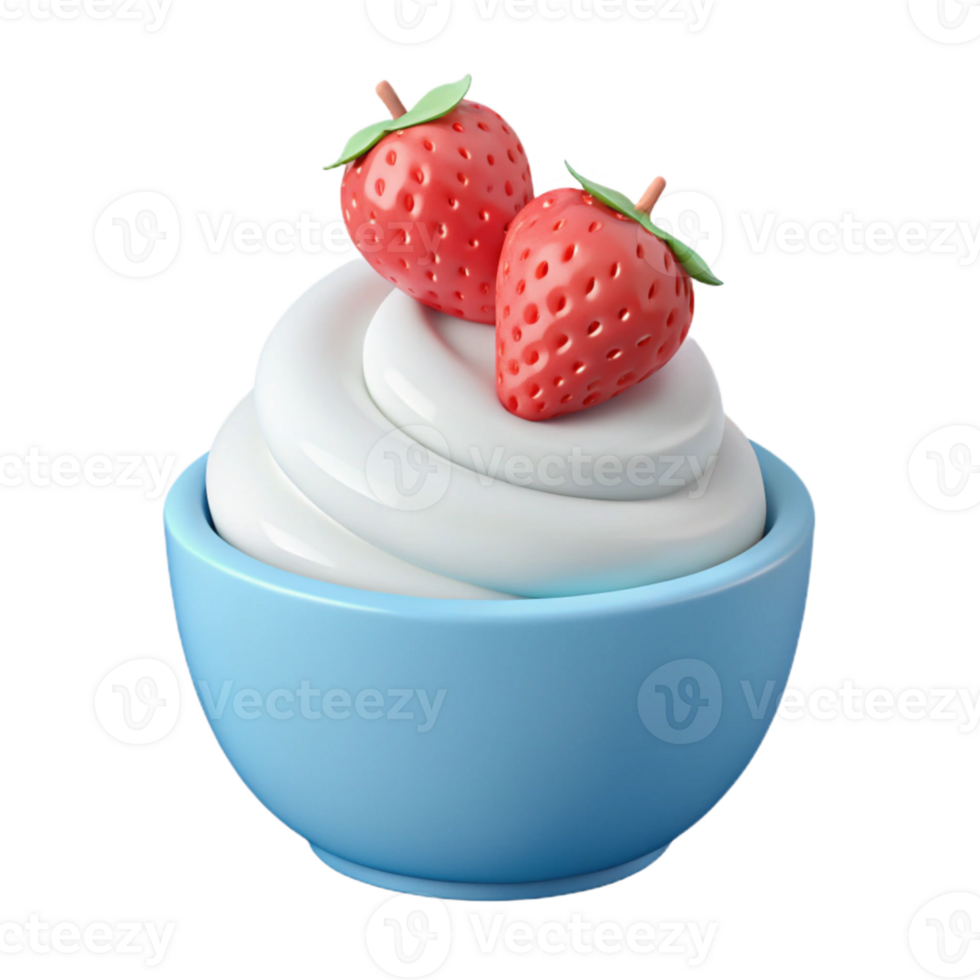 Whipped Cream with Strawberries in a Blue Bowl png