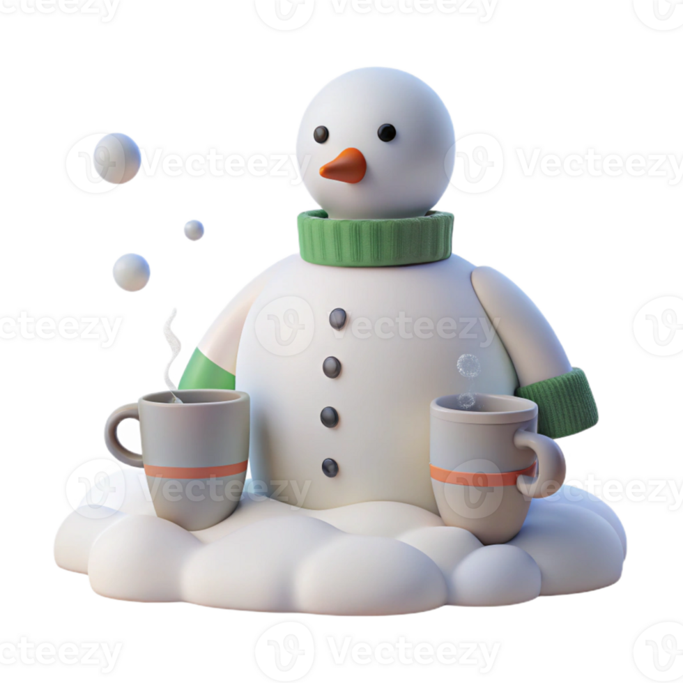 Smiling Snowman Holding Two Cups of Hot Cocoa on Snowy Cloud png