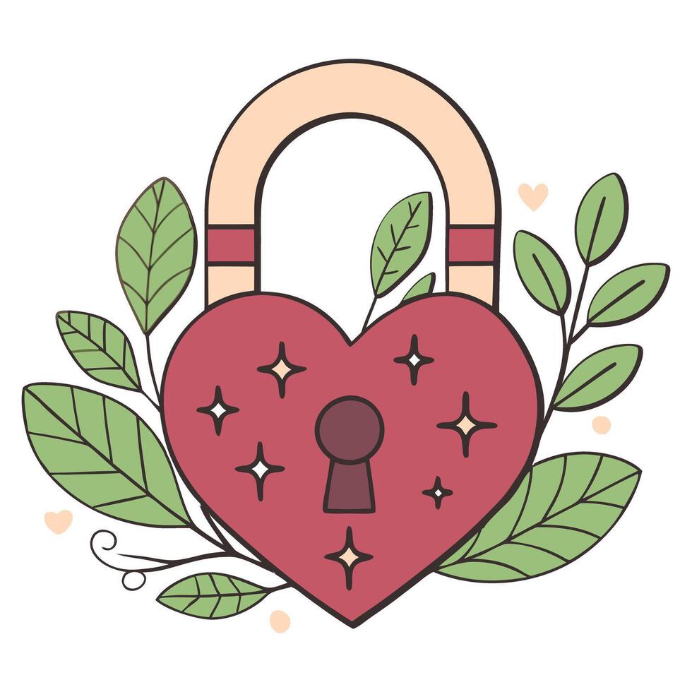 Romantic heart shaped lock with leaves in flat design vector