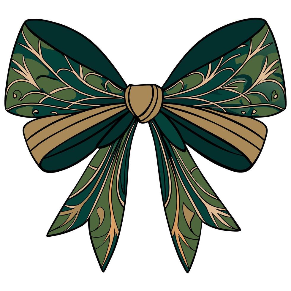 Elegant ornamental bow with intricate foliage design in green and gold hues vector