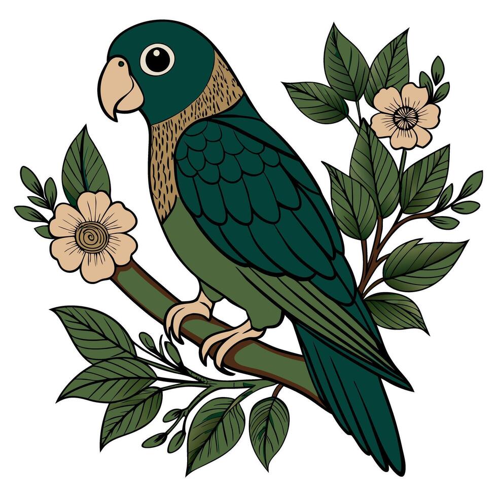 Floral parrot perched on branch elegant illustration with leaves and blossoms vector
