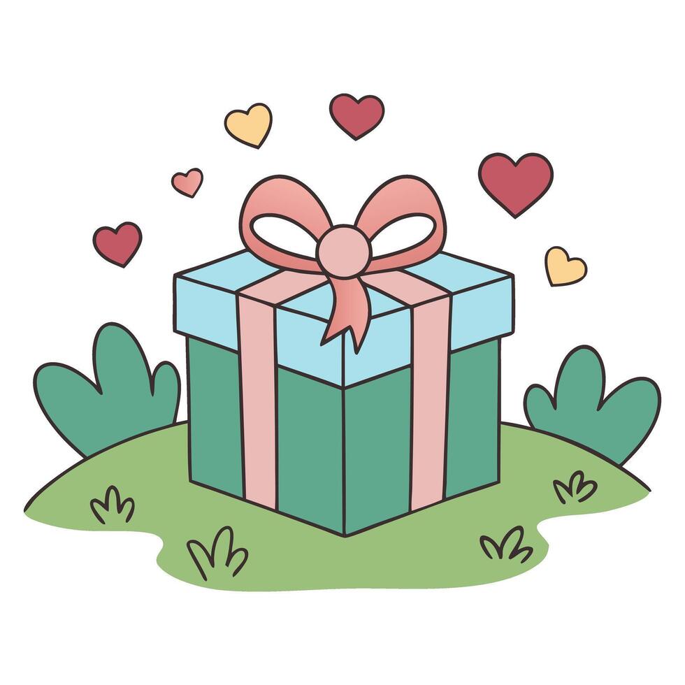 Whimsical gift box with hearts and pastel ribbon in a nature setting vector