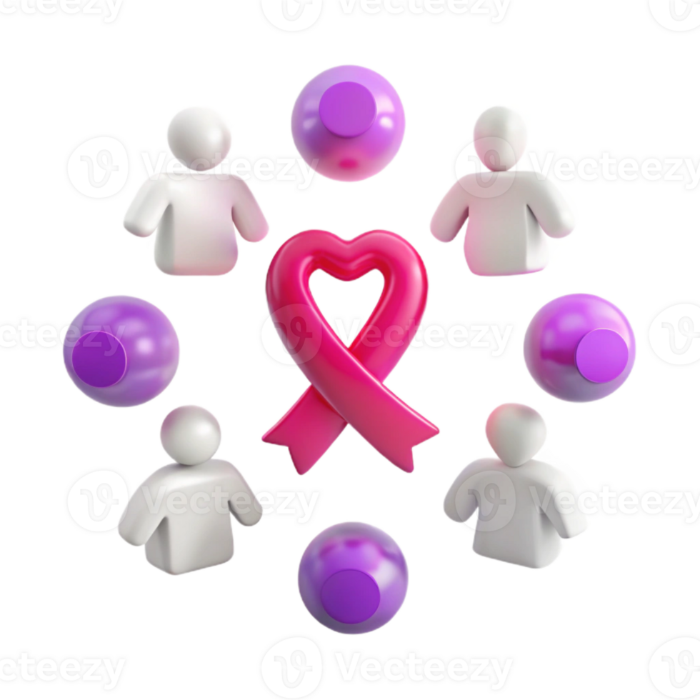 Support and Awareness 3D Render of Pink Ribbon with Heart and People png