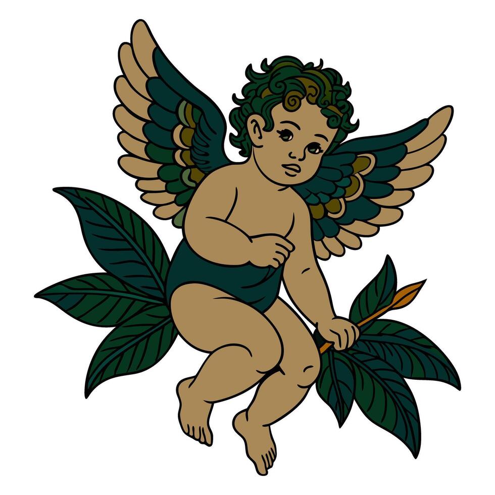Vintage cherub with green wings holding branch in art style vector