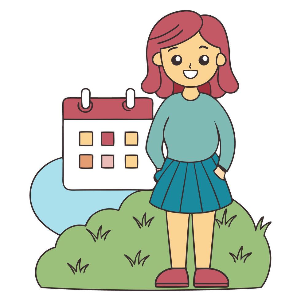 Cute Illustration of a Girl with Calendar in a Flat Style vector