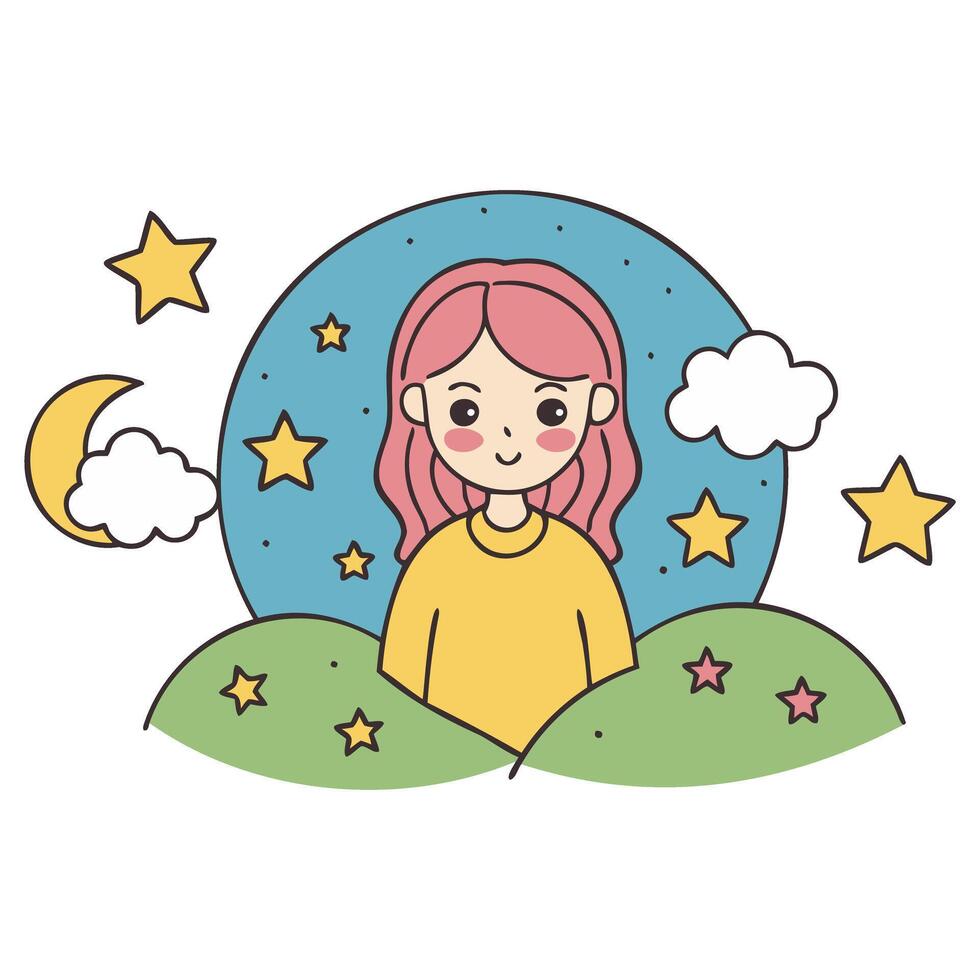 Cute cartoon girl under a starry sky with clouds and crescent moon vector