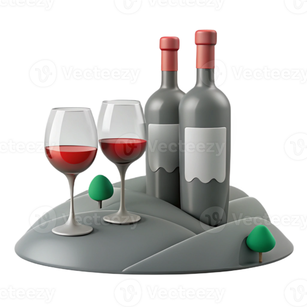 Two Glasses of Red Wine and Two Bottles on a Hill png