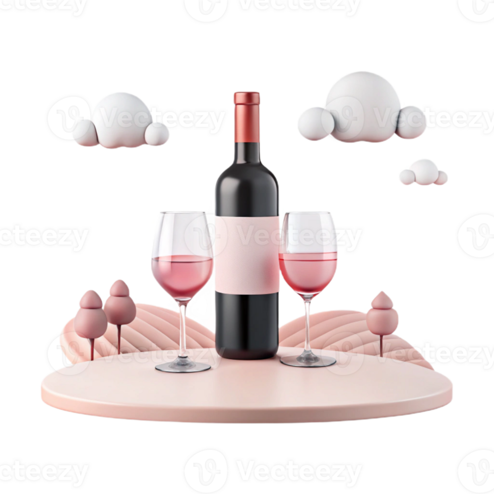 Wine Glasses and Bottle on a Pink Table with Clouds png