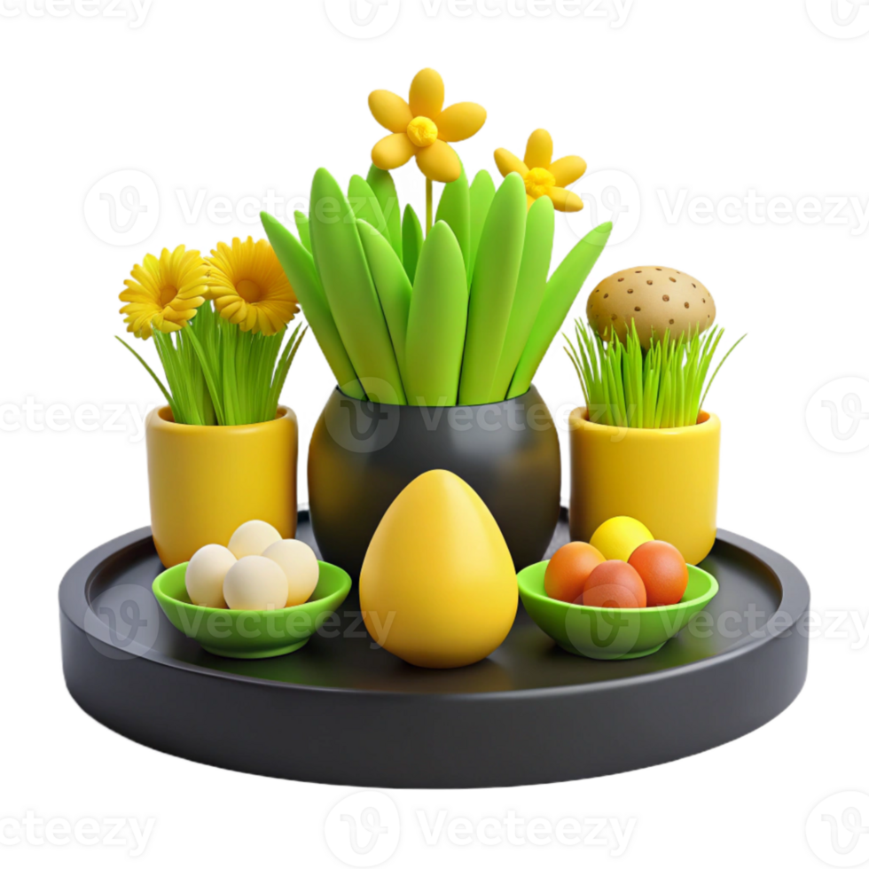 3D Render of a Festive Tabletop Setting with Flowers, Eggs, and Green Plants png