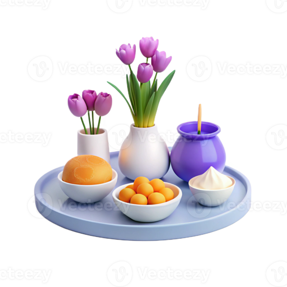 3D Rendered Still Life with Purple Tulips, Yellow Balls, and Cream in White Bowls on a Blue Tray png