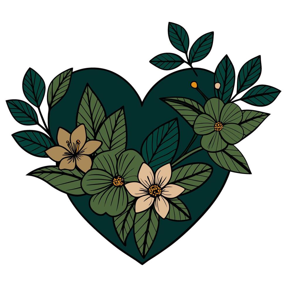 Heart shaped botanical design with green leaves and beige flowers in style vector