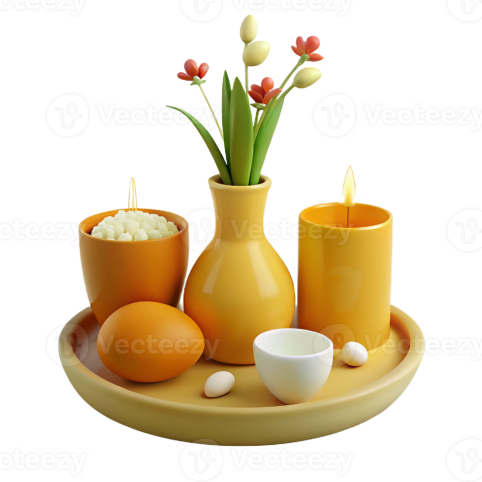 Yellow and White Still Life with Flowers, Candles, and Eggs on a Tray png