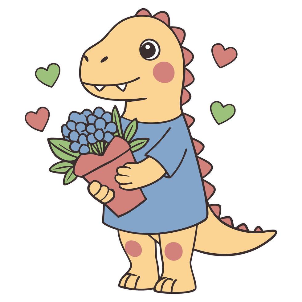 Adorable dinosaur holding flowers with hearts in a cartoon style illustration vector