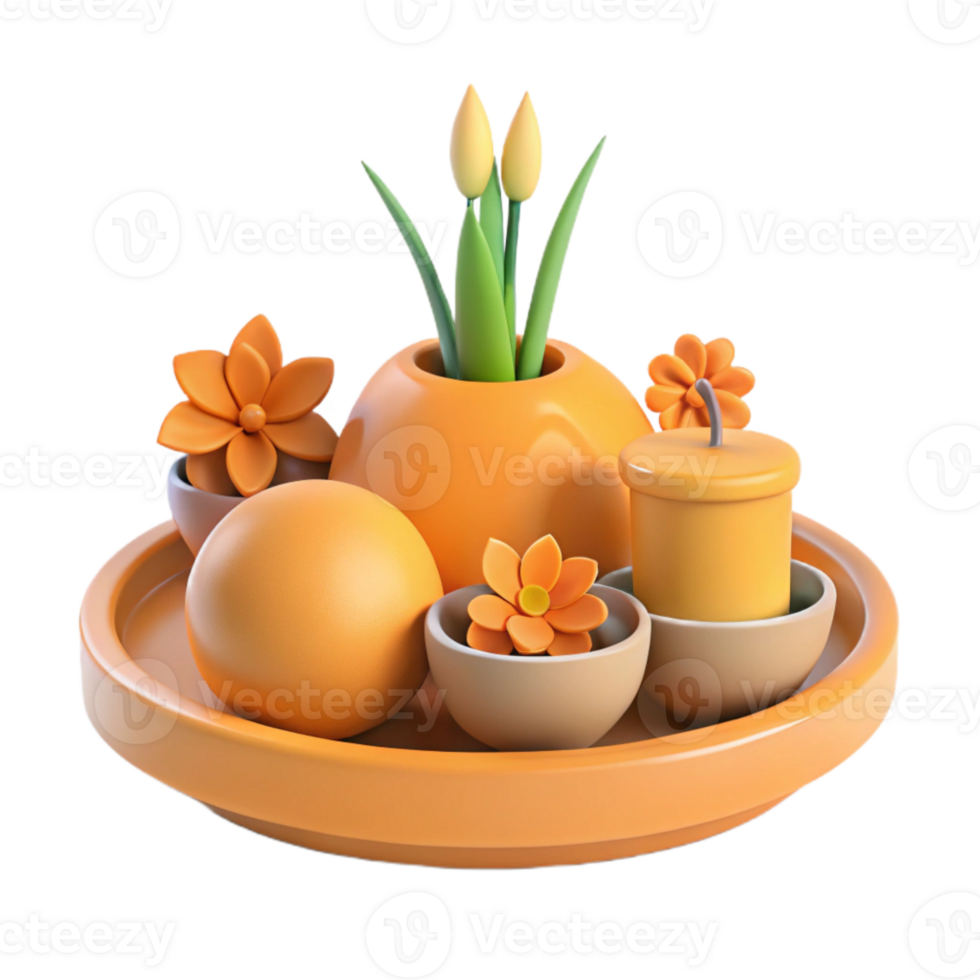 3D Rendered Tray with Orange Flower, Candle, and Plant png