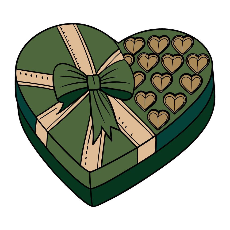 Green heart shaped chocolate box illustration with ribbon bow detail vector