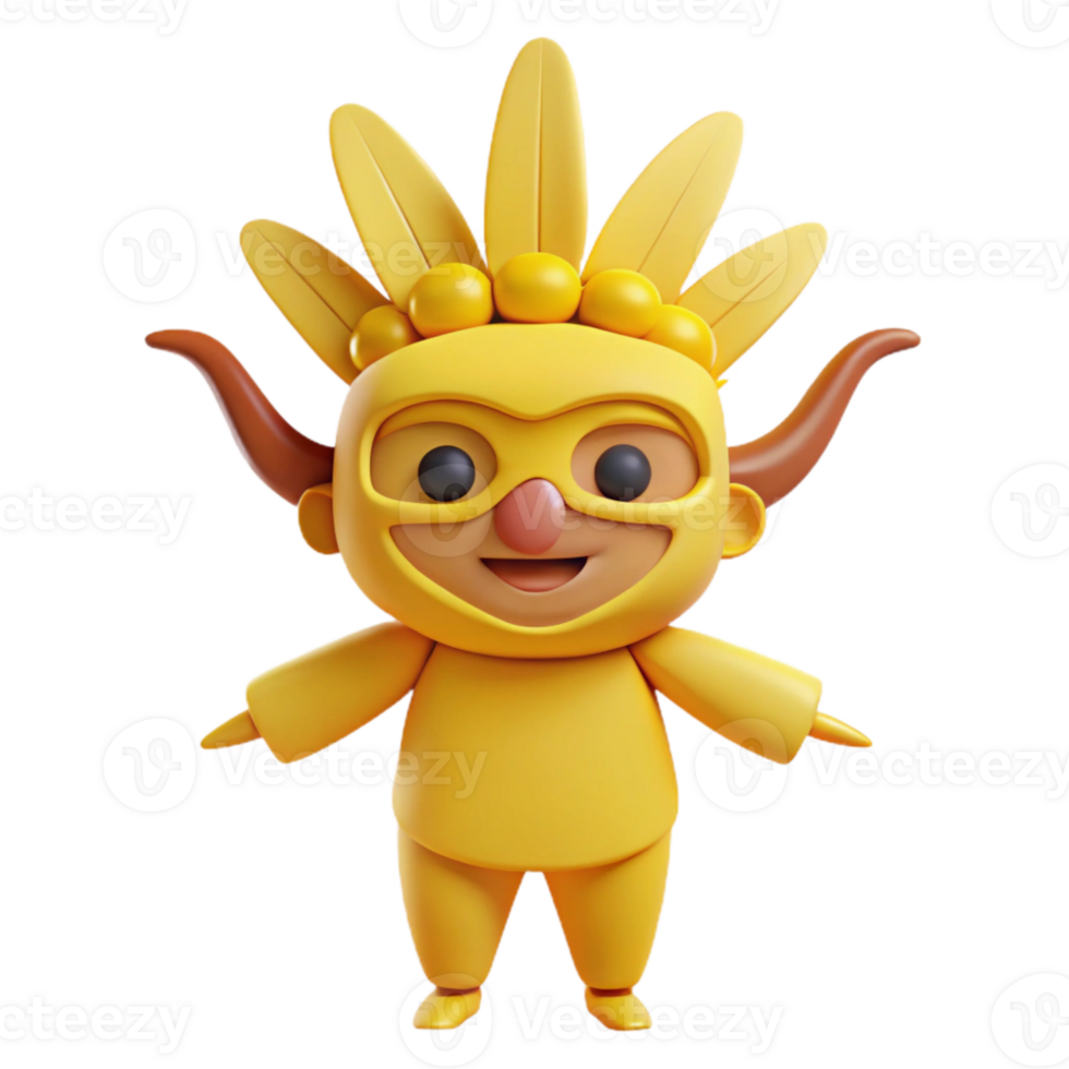 Smiling Yellow Cartoon Character with Horns and Feathers png