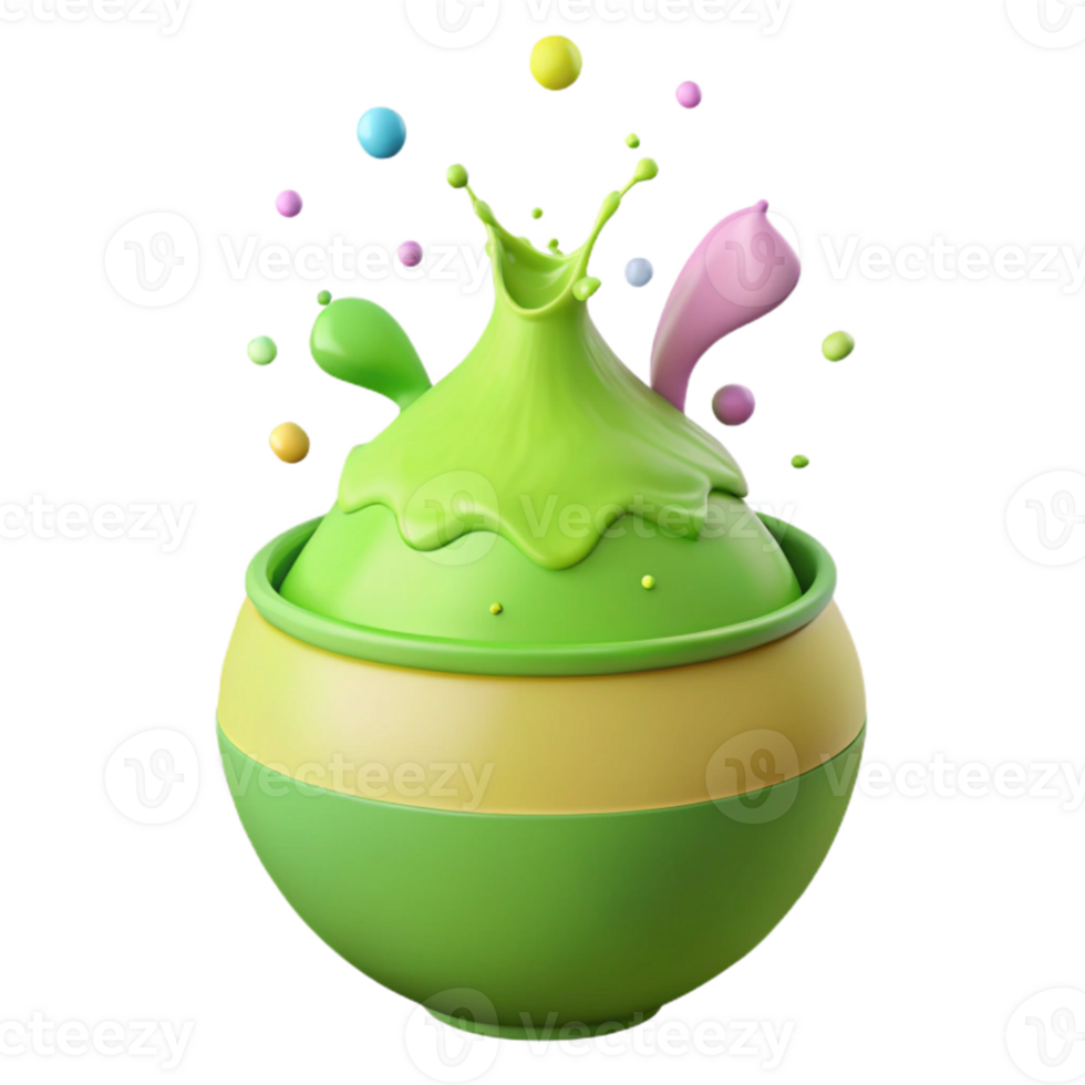 Green Liquid Splashing from a Bowl with Colorful Dots png