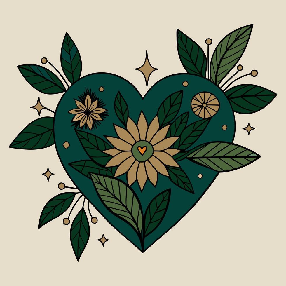 Floral heart illustration with leaves and stars in vintage style vector