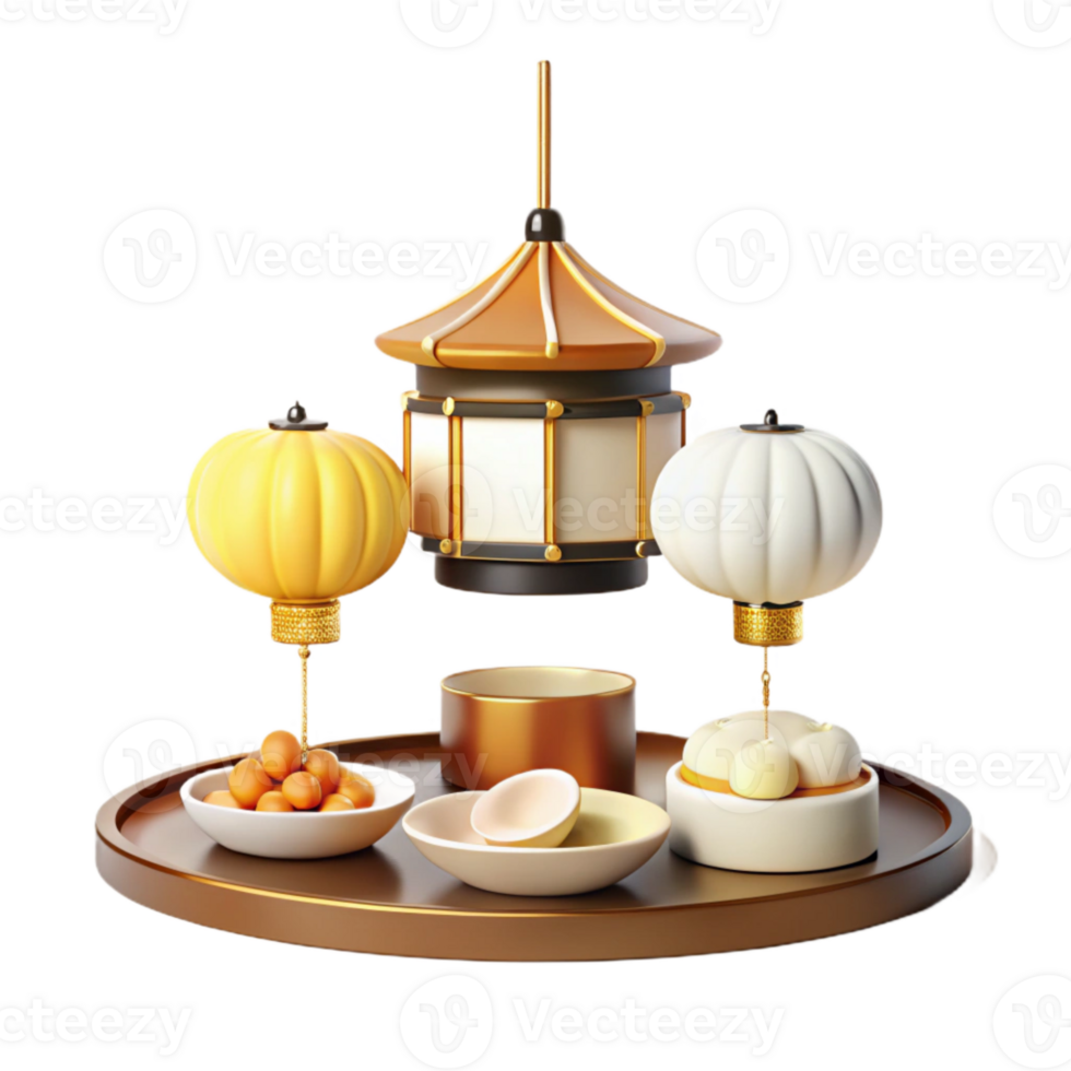 3D Render of Asian Themed Decor with Lanterns, Bowls, and Tray png