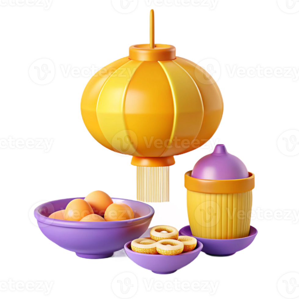 3D Render of Festive Asian Lantern, Bowl of Eggs, and Snacks png