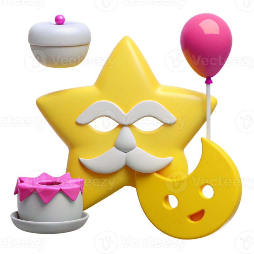 3D Cartoon Illustration of a Star with a Mustache, a Crescent Moon, a Cake, and a Balloon png