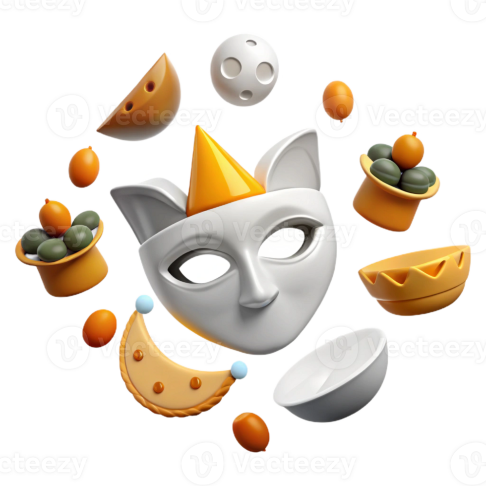 3D Rendered Cat Mask with Party Hat and Surrounding Objects png