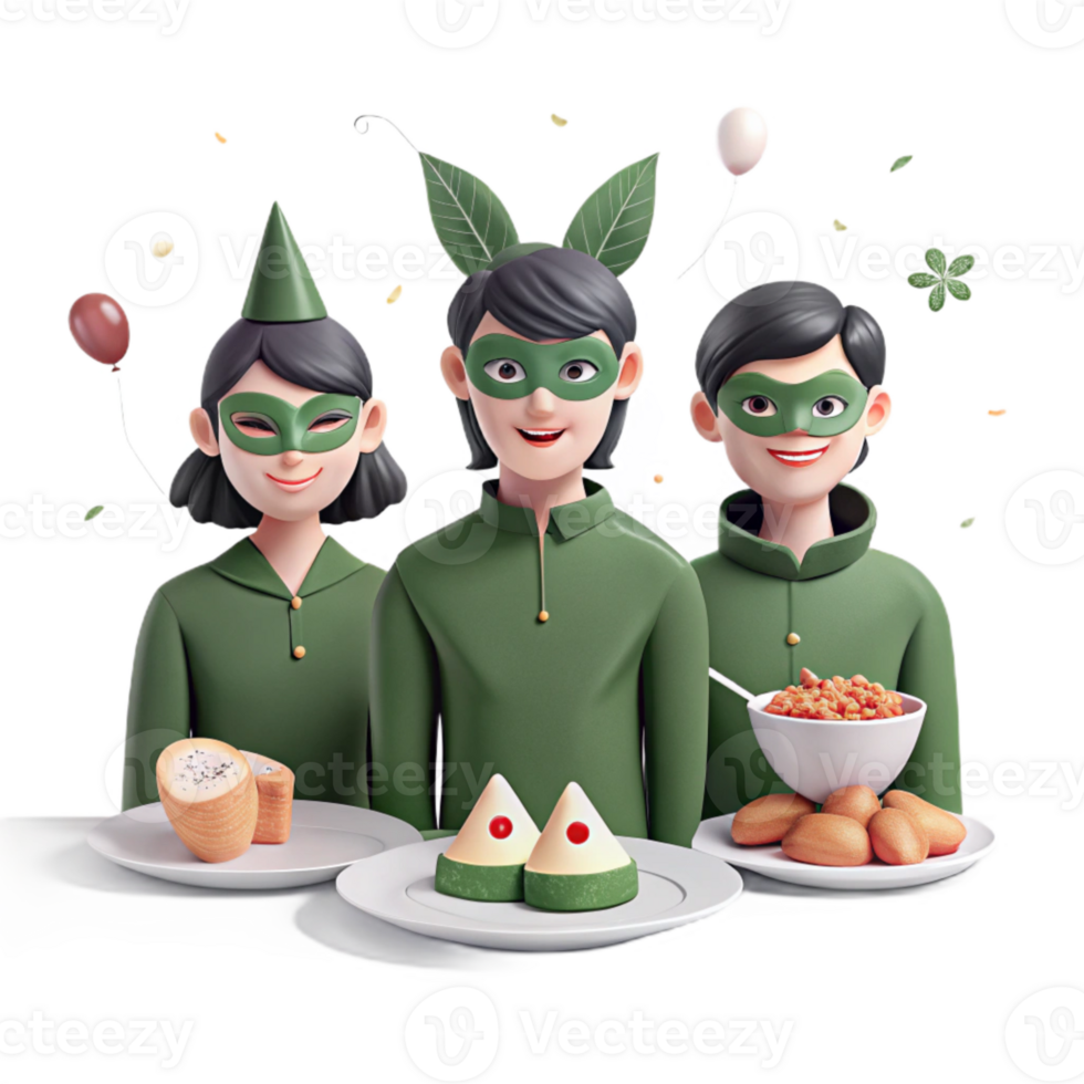 Three Cartoon Characters Celebrate with Food and Balloons png