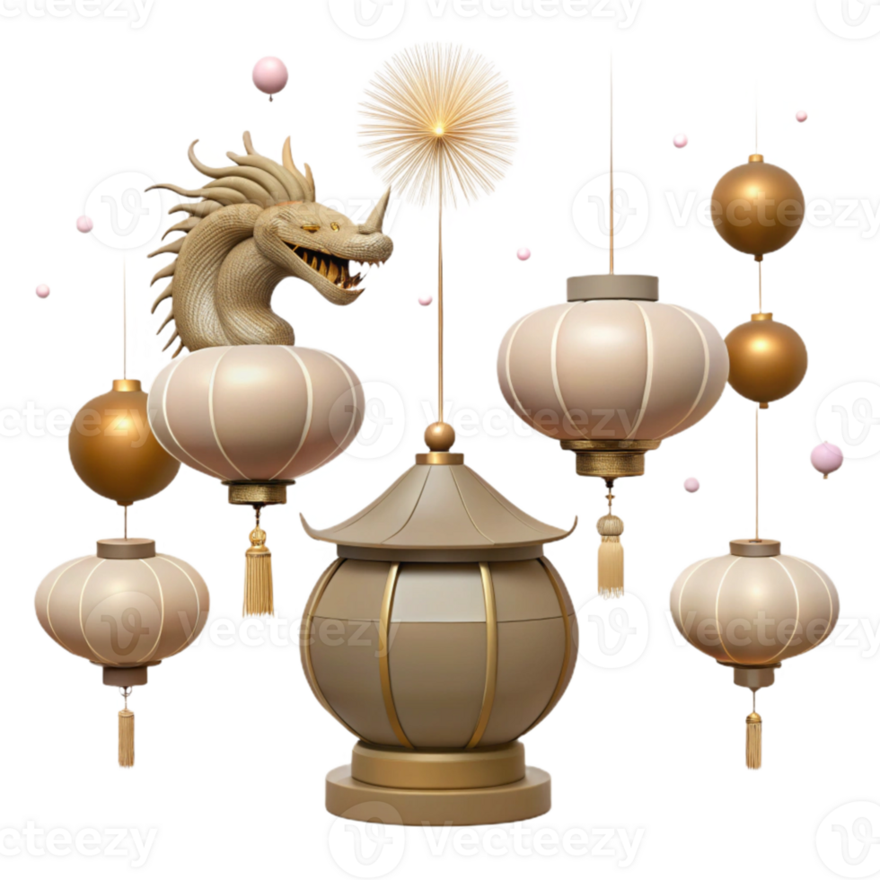 Decorative Lanterns with Dragon and Pagoda Ornament png